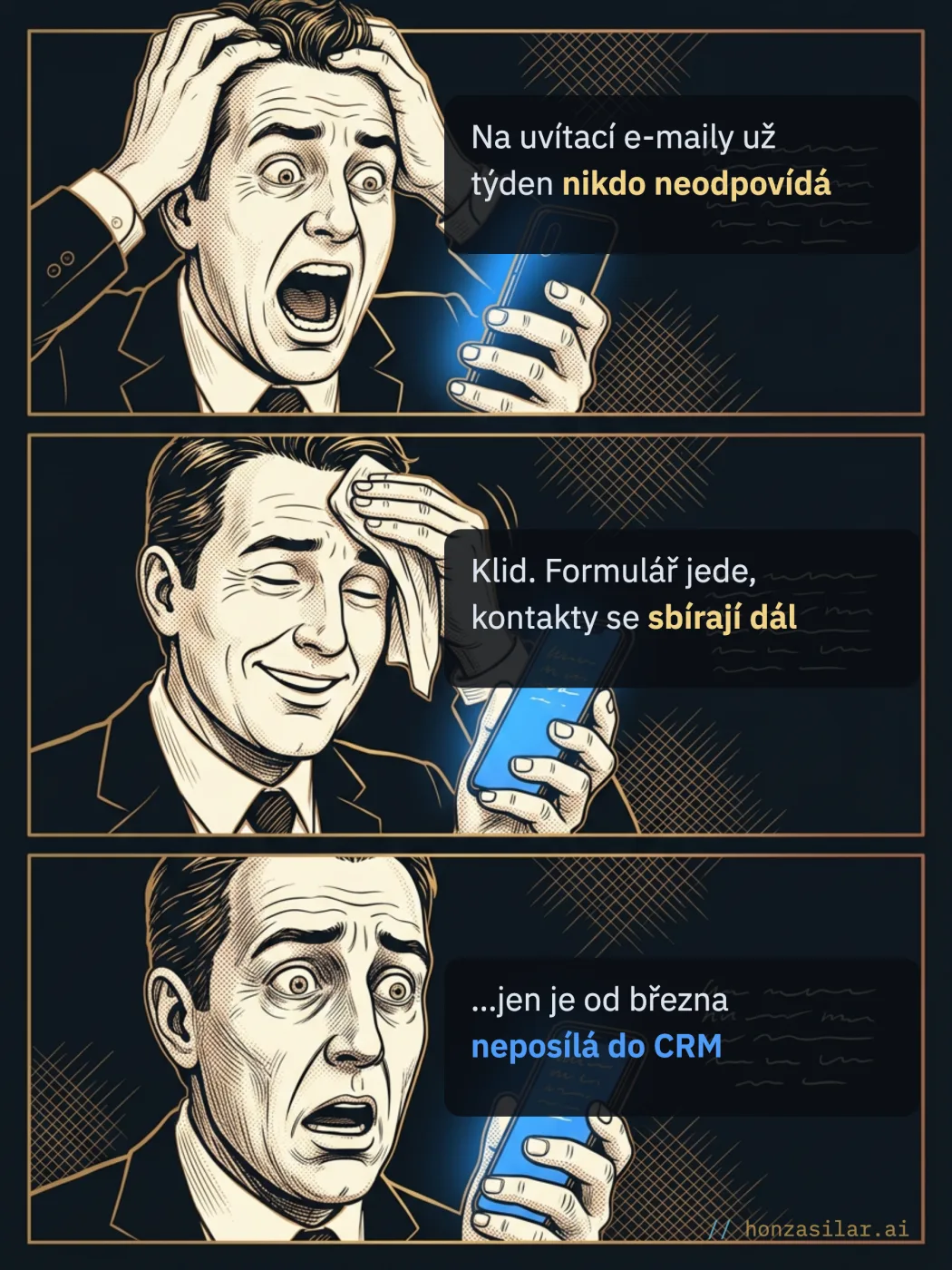 Meme o třech panelech: podnikatel nejdřív v panice, že na uvítací e-maily už týden nikdo neodpovídá, pak s úlevou, že formulář jede a kontakty se sbírají dál, a nakonec zděšený, že je formulář od března neposílá do CRM. Ukazuje, jak propojení mezi nástroji spadne úplně potichu.